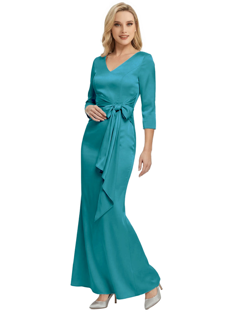 Mother of The Bride Dress Elegant V-Neck 3/4 Sleeve Satin Trumpet Maxi Gown