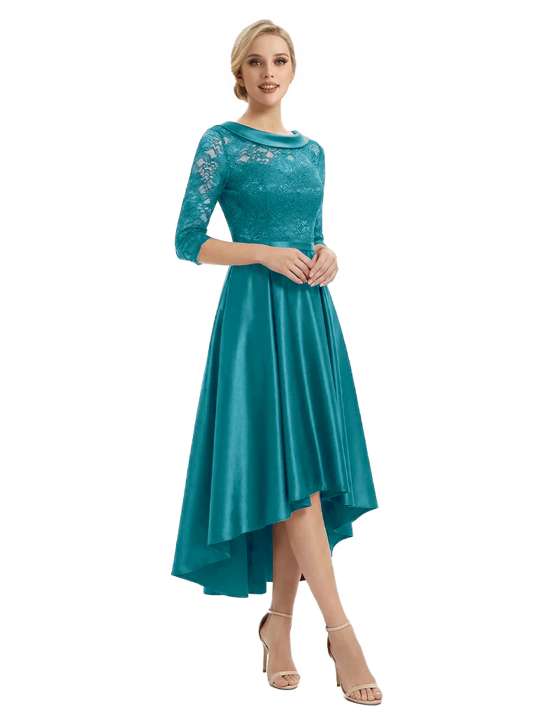 Elegant Boat Neck Satin Lace Mother Of The Bride Dresses High-Low A-Line Gowns