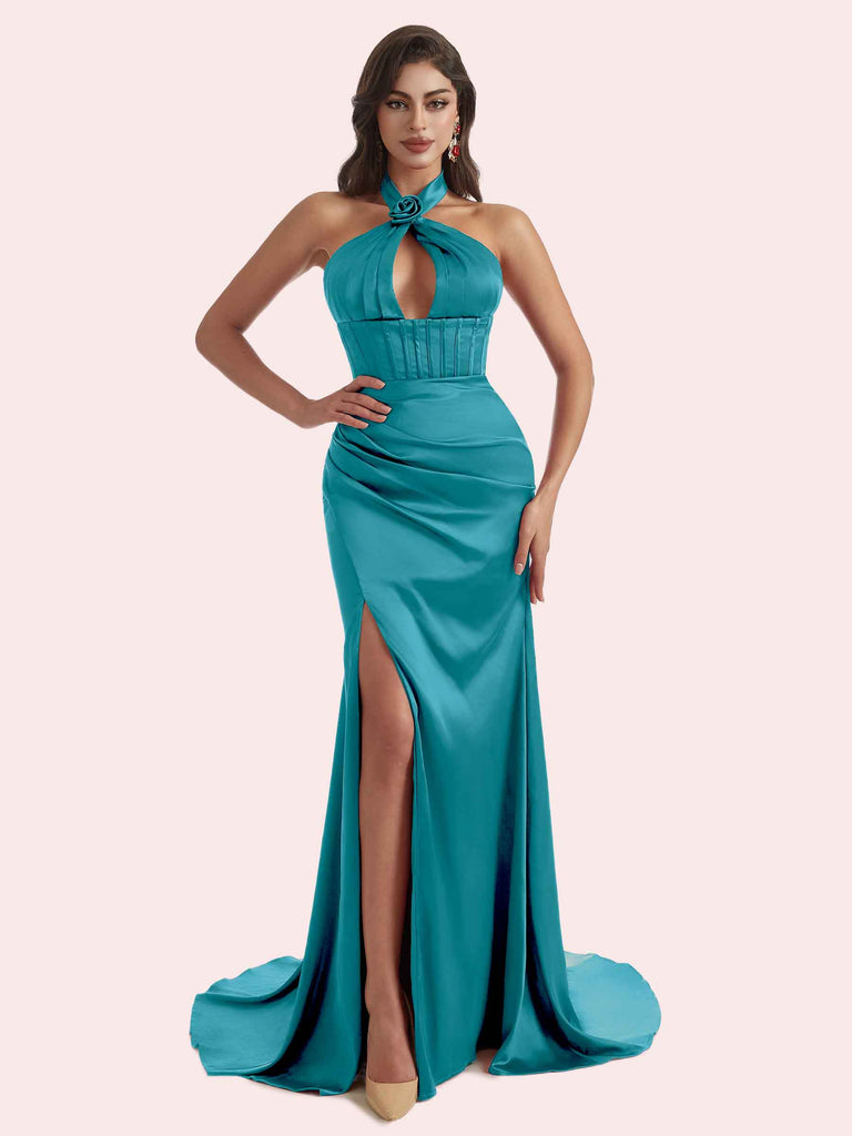 Elegant Mermaid Pleats Side Slit Halter Soft Satin Long Bridesmaid Dress For Wedding Elegant Mermaid Pleats Side Slit Halter Soft Satin Long Bridesmaid Dress For Wedding