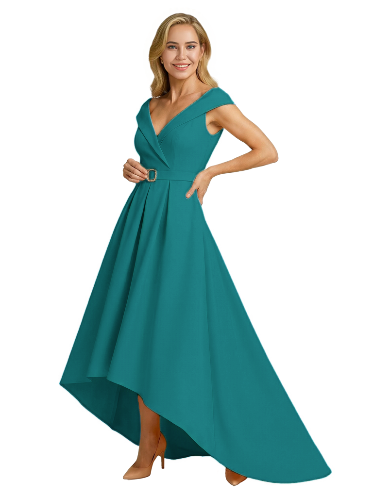 Mother of The Groom Dress Fancy Cap Sleeve Crepe High-Low A-Line Gown Elegant Belt Accent