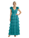Mother of The Bride Dresses V-Neck Sleeveless Satin Tiered Maxi Gown Unique Flower Detailed Formal Wedding Event Attire