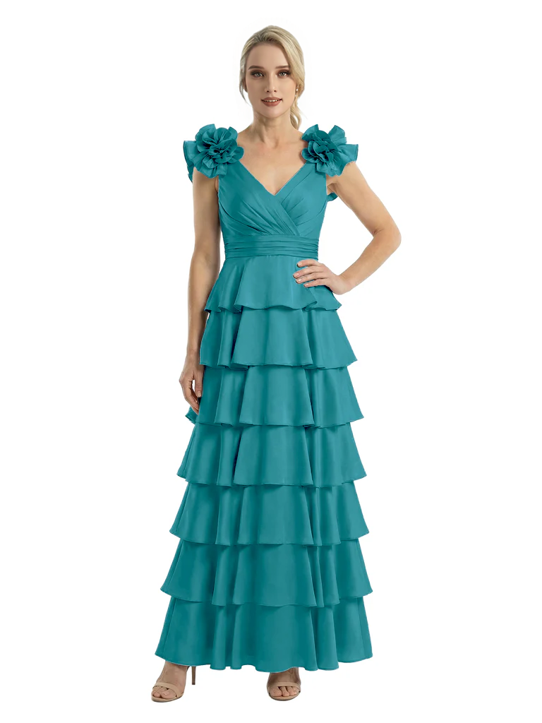 Mother of The Bride Dresses V-Neck Sleeveless Satin Tiered Maxi Gown Unique Flower Detailed Formal Wedding Event Attire