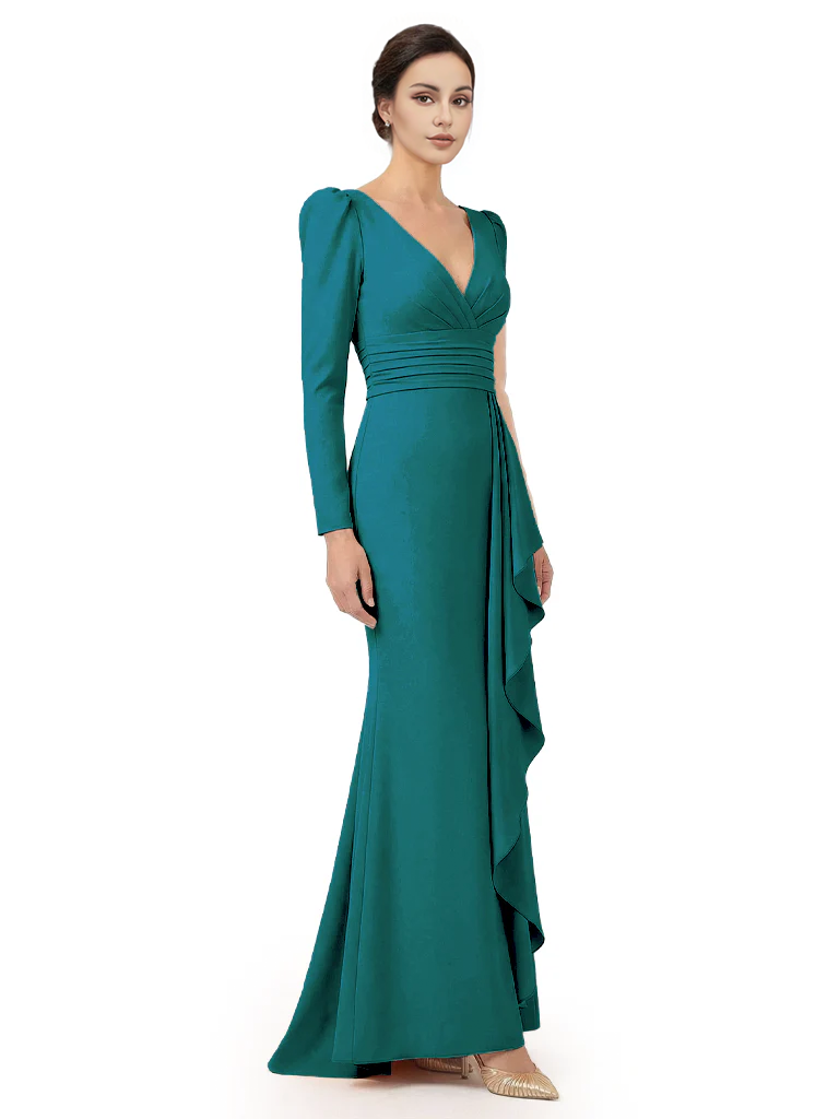 V-Neck Long Sleeves Ruffle Crepe Mother Of The Groom Dress Mermaid