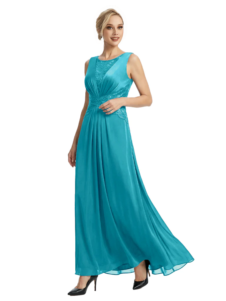 Mother of The Bride Dresses Scoop Sleeveless Lace Chiffon Maxi Gown Classy Ruched Formal Wedding Event Dress