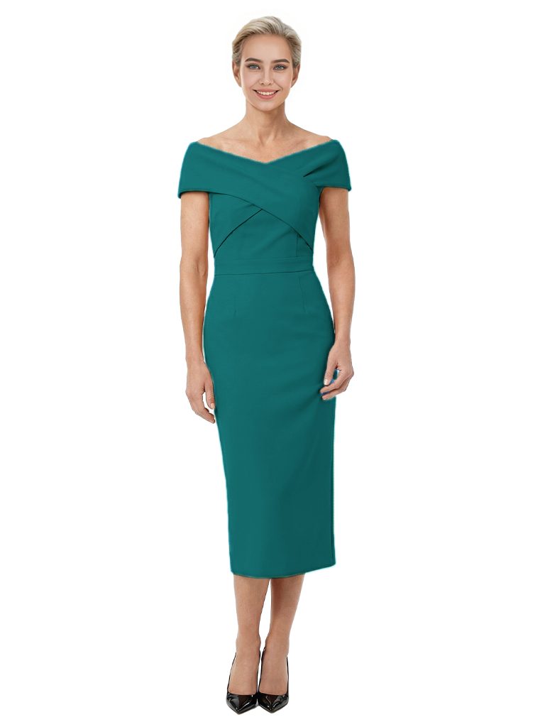 Mother of The Bride Dress Classy Off Shoulder Crepe Sheath Midi Gown Modern Wrap Detail