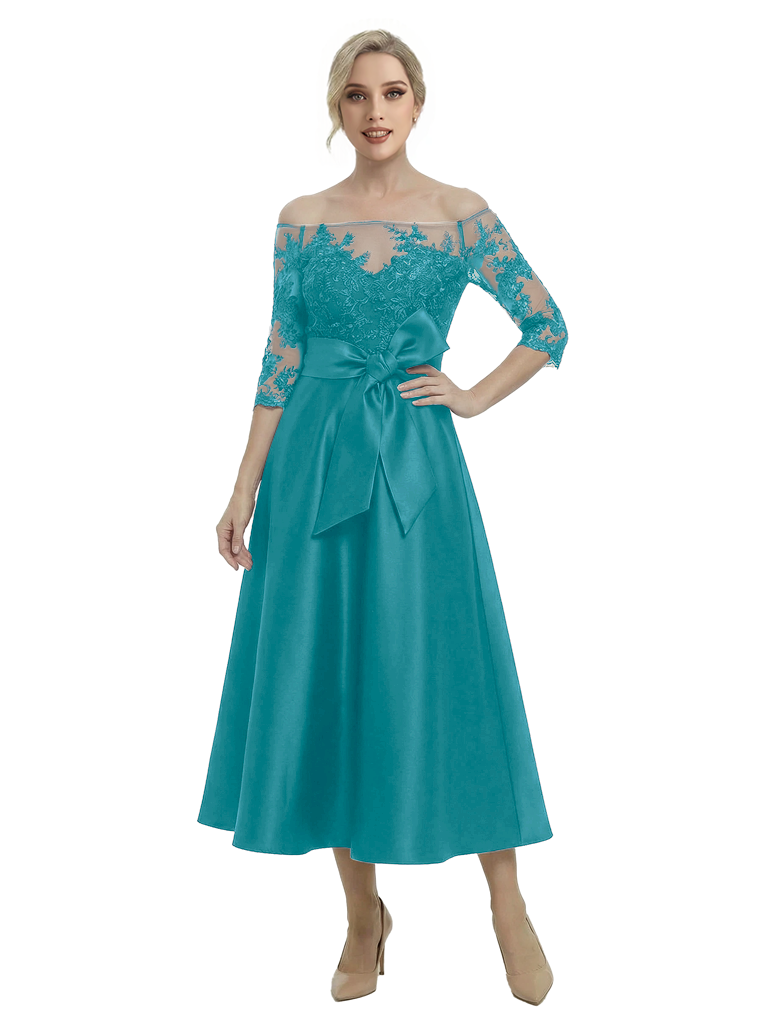 Unique Off Shoulder Tea-Length Satin Mother Of The Bride Dress With Lace Illusion