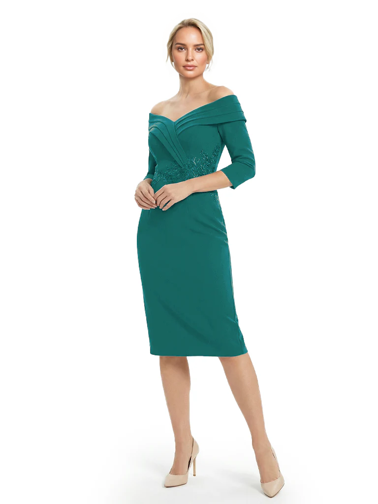 Mother of The Groom Dresses Off The Shoulder 3/4 Sleeve Satin Sheath Midi Dress Pretty Lace Detailed Formal Bridal Party Attire