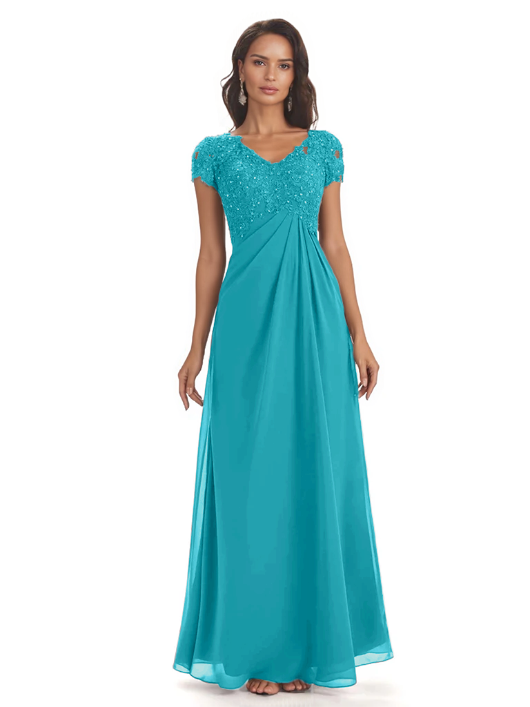 Elegant Short Sleeves Beaded Pleats A-line Floor-Length Mother of The Bride Dresses