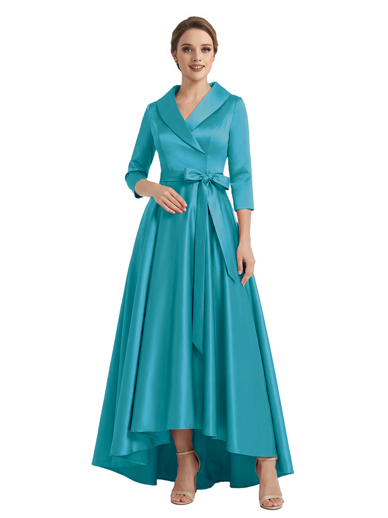 Modern High-Low 3/4 Sleeves Satin Mother Of The Bride Dress With Bow Knot