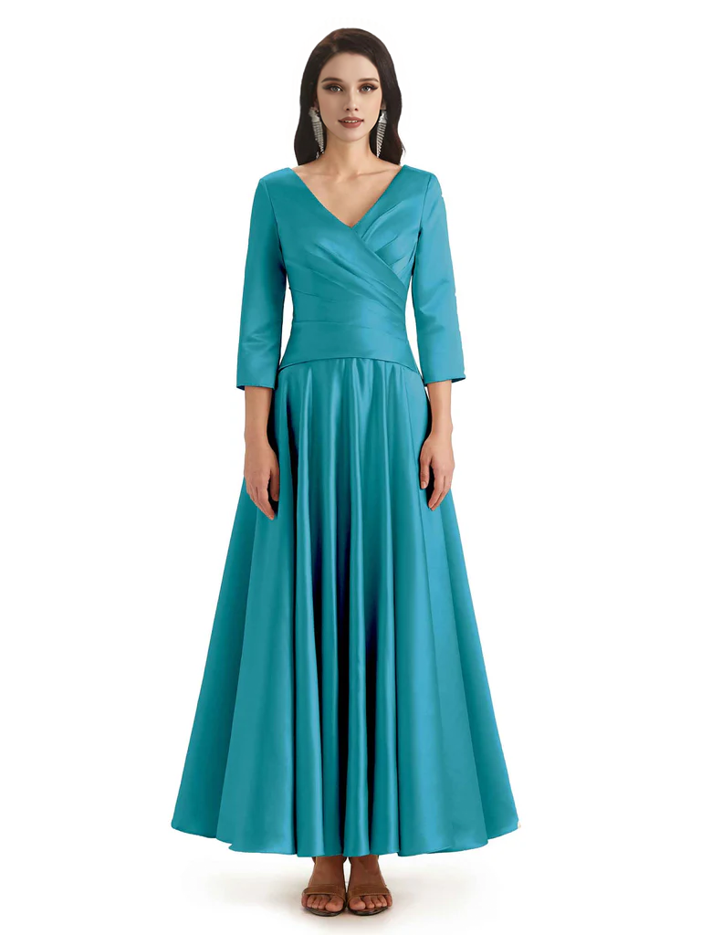 Elegant Soft Satin 3/4 Sleeves V-Neck Ankle Length Mother of The Bride Dresses