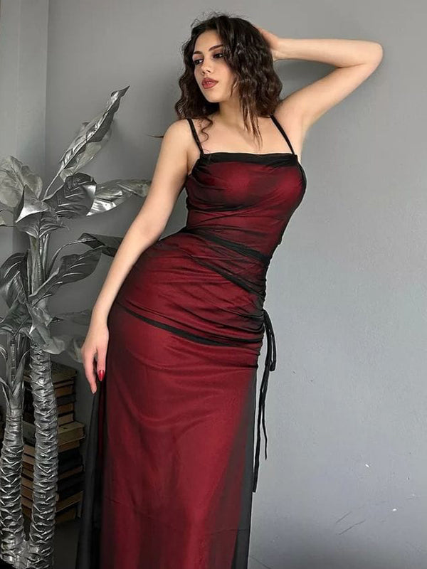Sexy Spaghetti Straps Red and Black Side Slit Long Prom Dresses Online