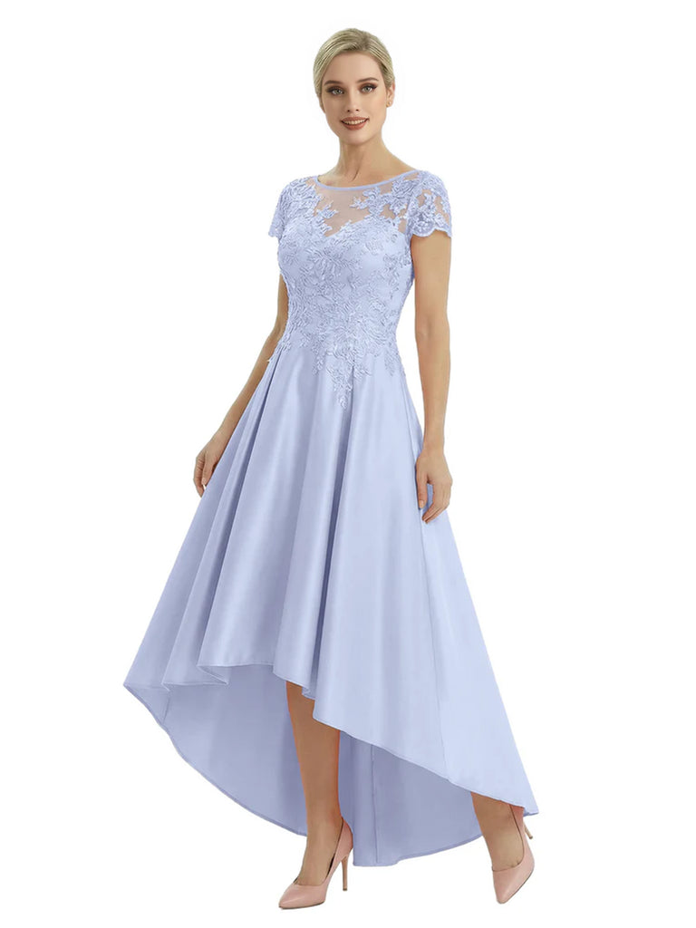 Elegant Mother of The Bride Dress Scoop Short Sleeve Lace Satin High-Low A-Line Gown