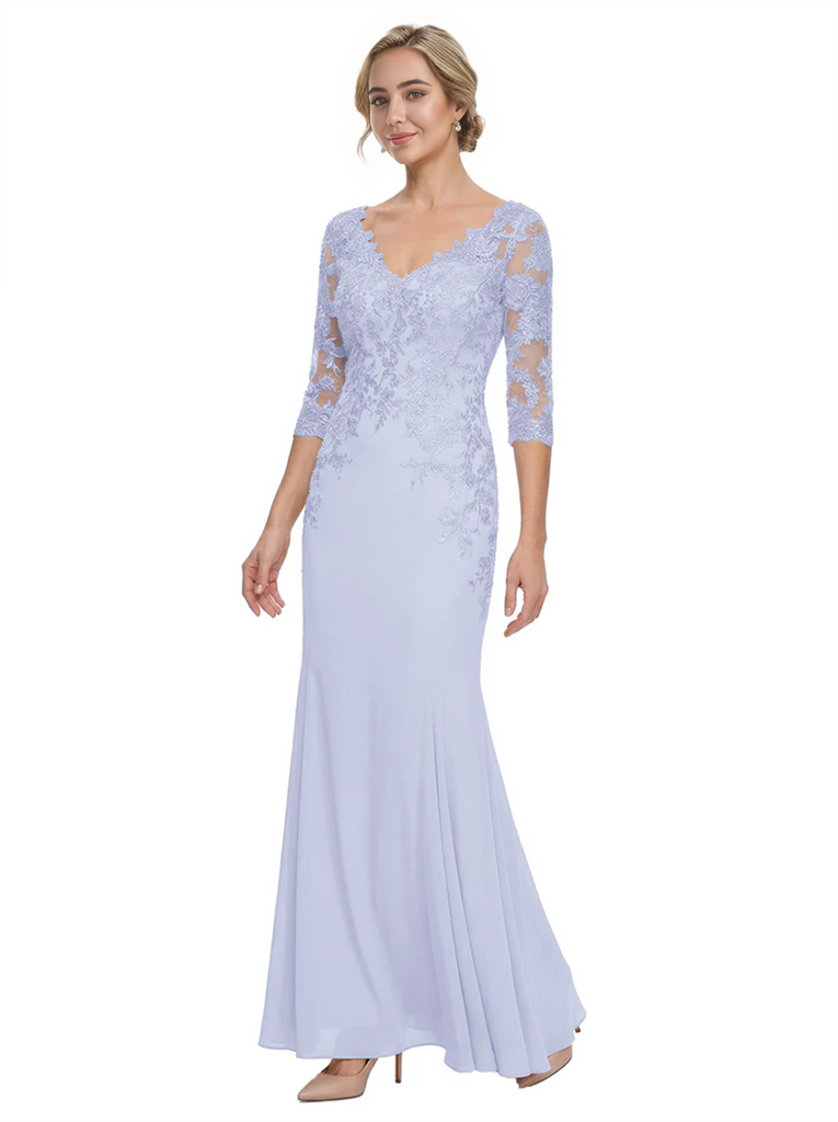 Mother of The Bride Gown V-Neck Half Sleeve Lace Chiffon Trumpet Maxi Dress Unique Sophisticated