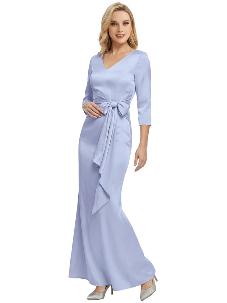 Mother of The Bride Dress Elegant V-Neck 3/4 Sleeve Satin Trumpet Maxi Gown