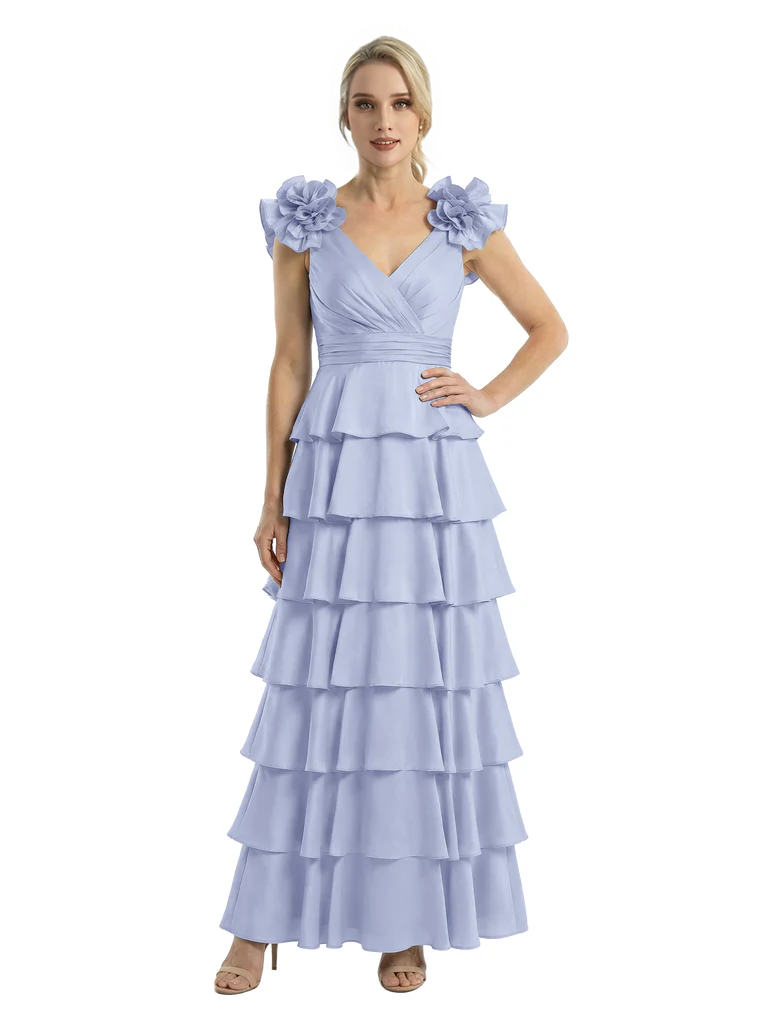 Mother of The Bride Dresses V-Neck Sleeveless Satin Tiered Maxi Gown Unique Flower Detailed Formal Wedding Event Attire