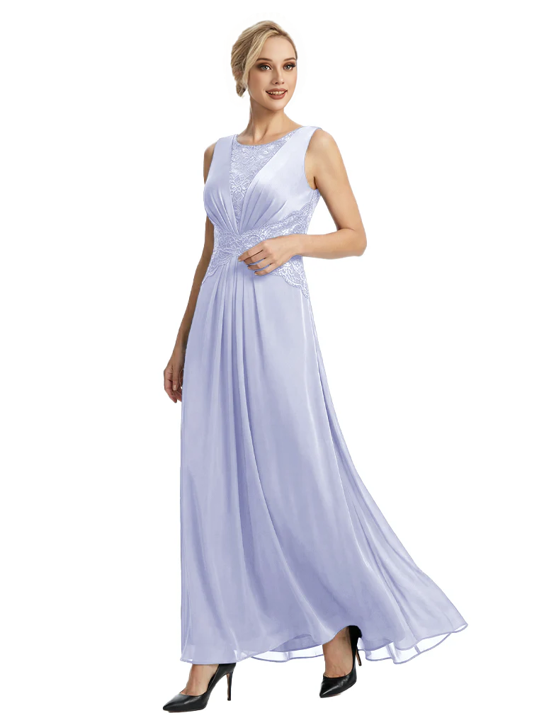 Mother of The Bride Dresses Scoop Sleeveless Lace Chiffon Maxi Gown Classy Ruched Formal Wedding Event Dress