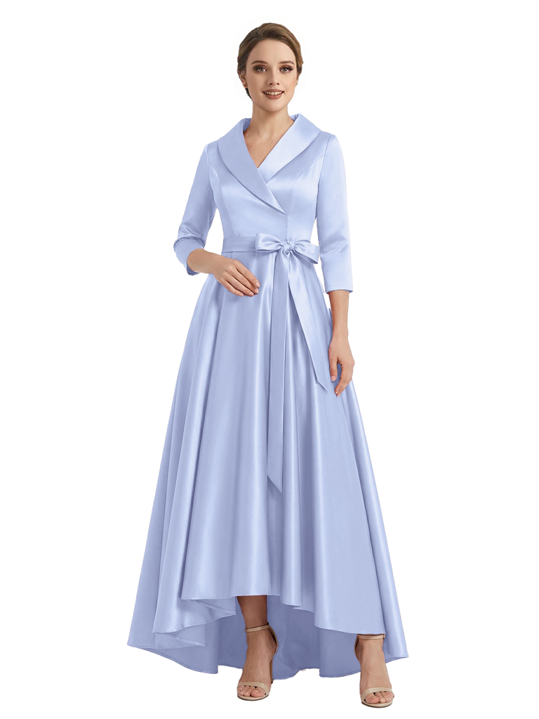 Modern High-Low 3/4 Sleeves Satin Mother Of The Bride Dress With Bow Knot