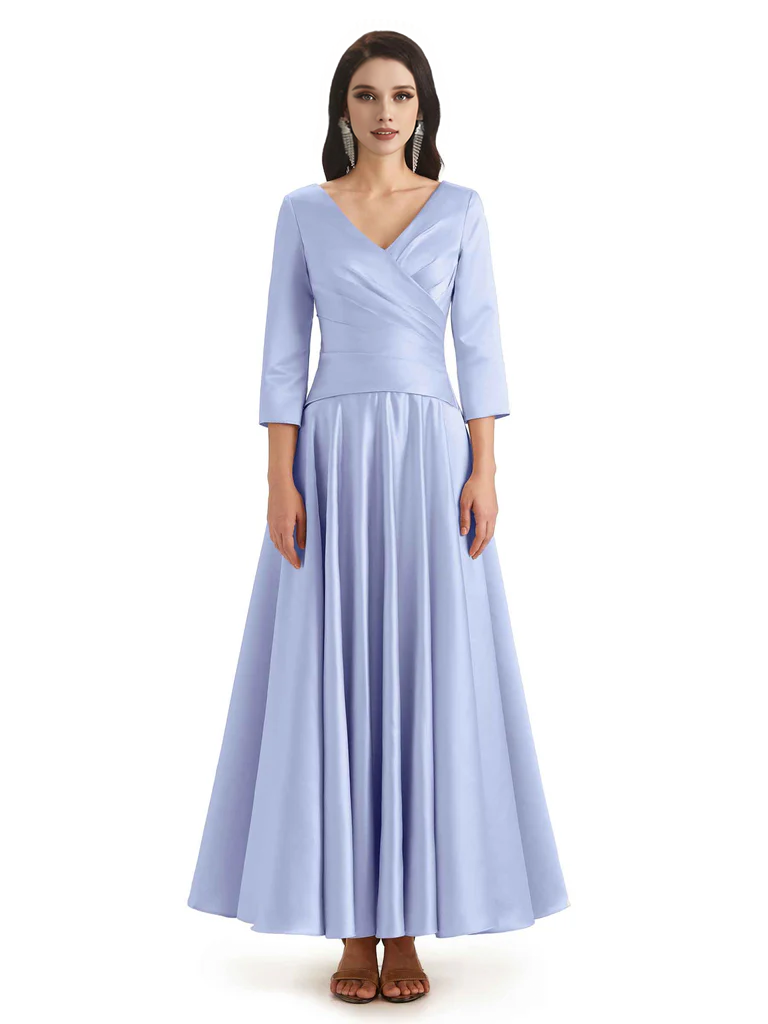 Elegant Soft Satin 3/4 Sleeves V-Neck Ankle Length Mother of The Bride Dresses