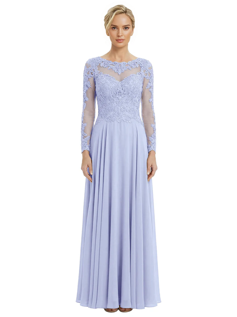 Mother of The Bride Dresses Scoop Long Sleeve Lace Chiffon Maxi Gown Pretty Embroidered Formal Wedding Event Attire