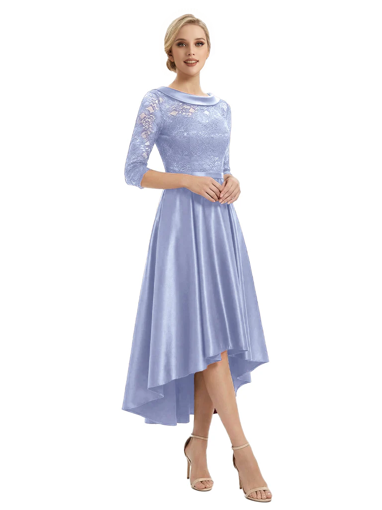 Elegant Boat Neck Satin Lace Mother Of The Bride Dresses High-Low A-Line Gowns