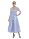 Unique Off Shoulder Tea-Length Satin Mother Of The Bride Dress With Lace Illusion