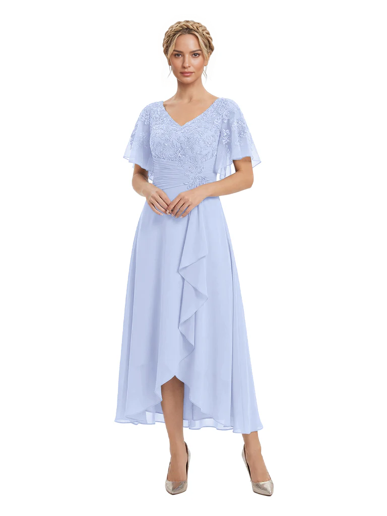 Unique Flutter Sleeves Lace Beaded Short Mother of the Groom Dresses