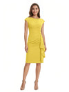 Mother of The Bride Dress Beautiful Jewel Cap Sleeve Crepe Sheath Midi Gown Ruffled Stylish Design