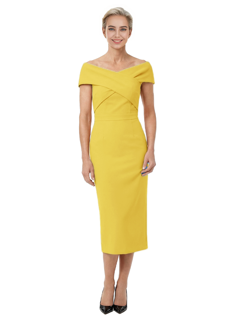Mother of The Bride Dress Classy Off Shoulder Crepe Sheath Midi Gown Modern Wrap Detail