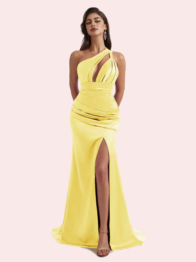 Gorgeous Mermaid Pleats Side Slit One Shoulder Soft Satin Long Bridesmaid Dress For Wedding Gorgeous Mermaid Pleats Side Slit One Shoulder Soft Satin Long Bridesmaid Dress For Wedding