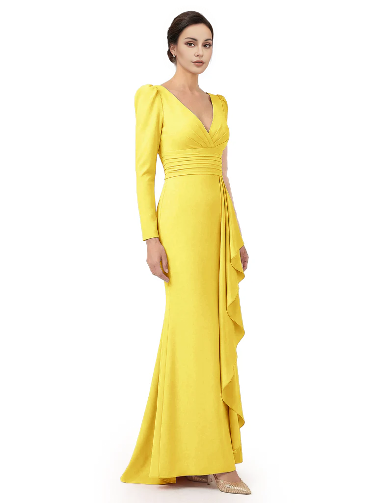 V-Neck Long Sleeves Ruffle Crepe Mother Of The Groom Dress Mermaid