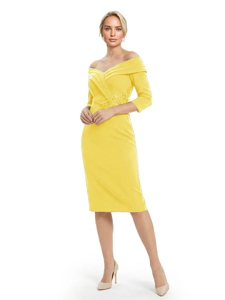 Mother of The Groom Dresses Off The Shoulder 3/4 Sleeve Satin Sheath Midi Dress Pretty Lace Detailed Formal Bridal Party Attire