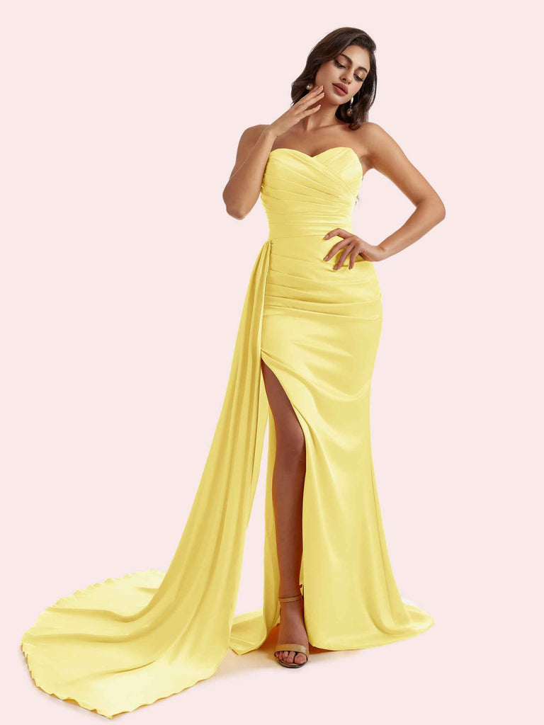 Elegant Sweetheart Mermaid Pleats Side Slit Soft Satin Long Bridesmaid Dress For Wedding Elegant Sweetheart Mermaid Pleats Side Slit Soft Satin Long Bridesmaid Dress For Wedding