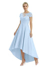 Elegant Mother of The Bride Dress Scoop Short Sleeve Lace Satin High-Low A-Line Gown