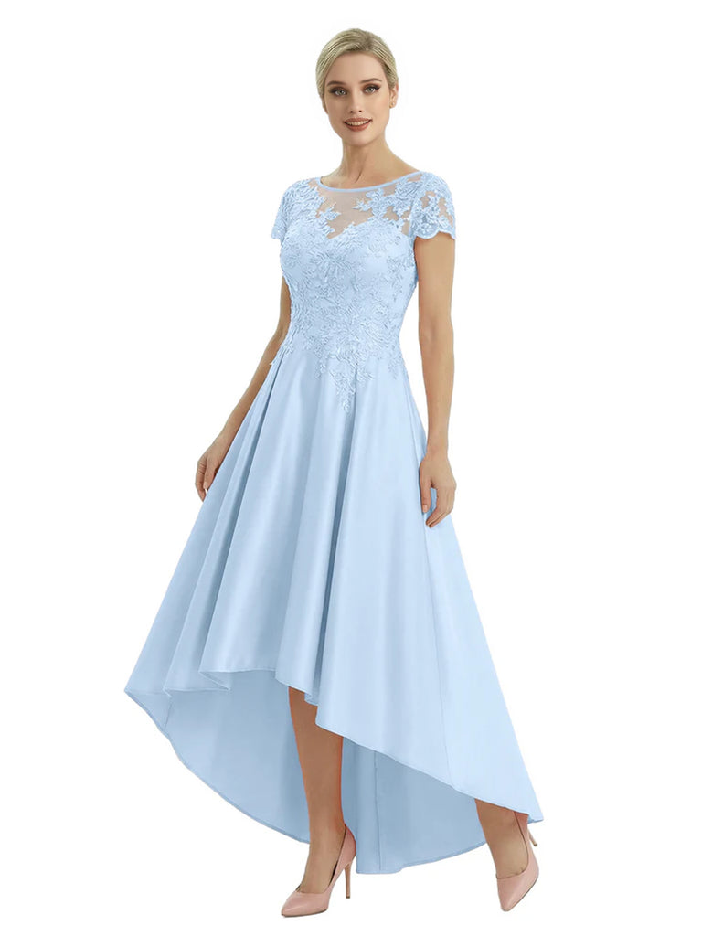 Elegant Mother of The Bride Dress Scoop Short Sleeve Lace Satin High-Low A-Line Gown