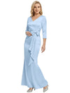 Mother of The Bride Dress Elegant V-Neck 3/4 Sleeve Satin Trumpet Maxi Gown