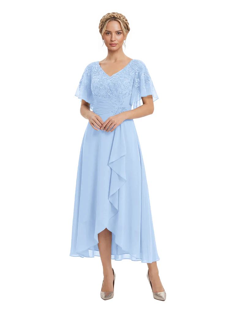 Unique Flutter Sleeves Lace Beaded Short Mother of the Groom Dresses