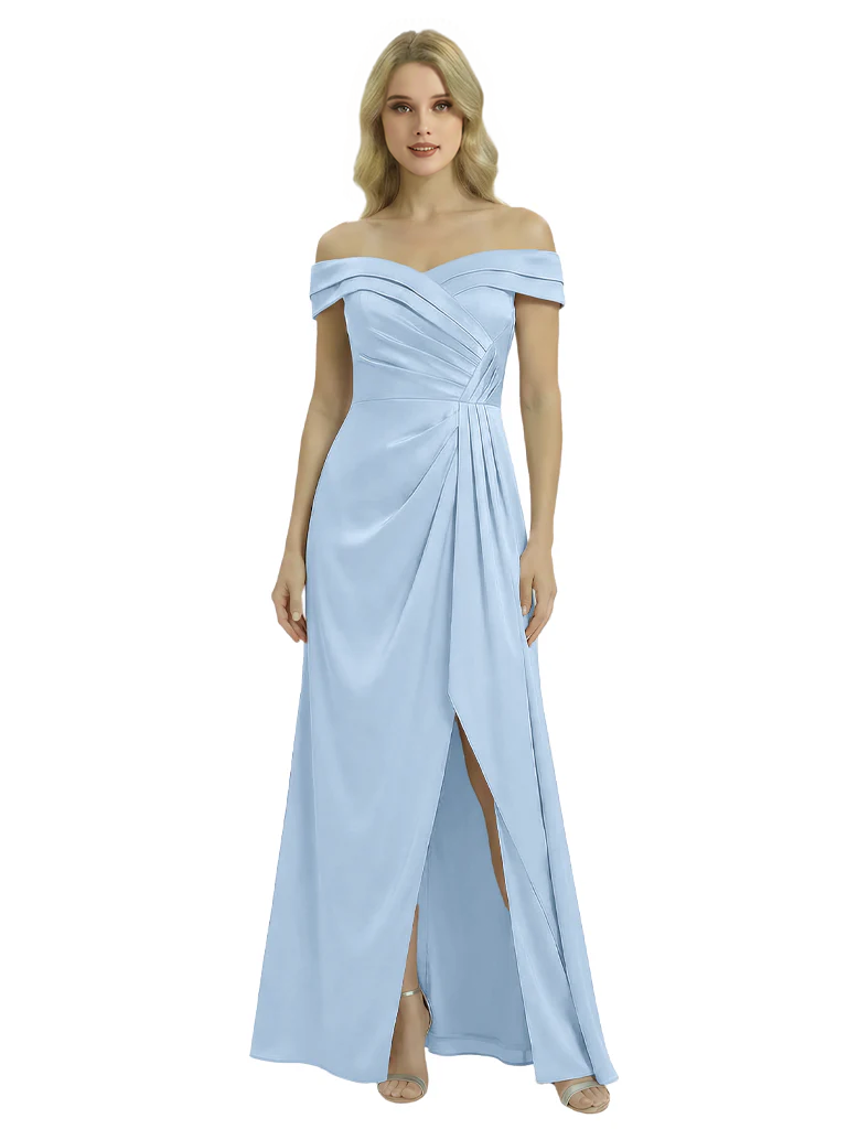 Off The Shoulder Mother Of The Groom Dresses Side Slit Satin Ruched A-Line Gown