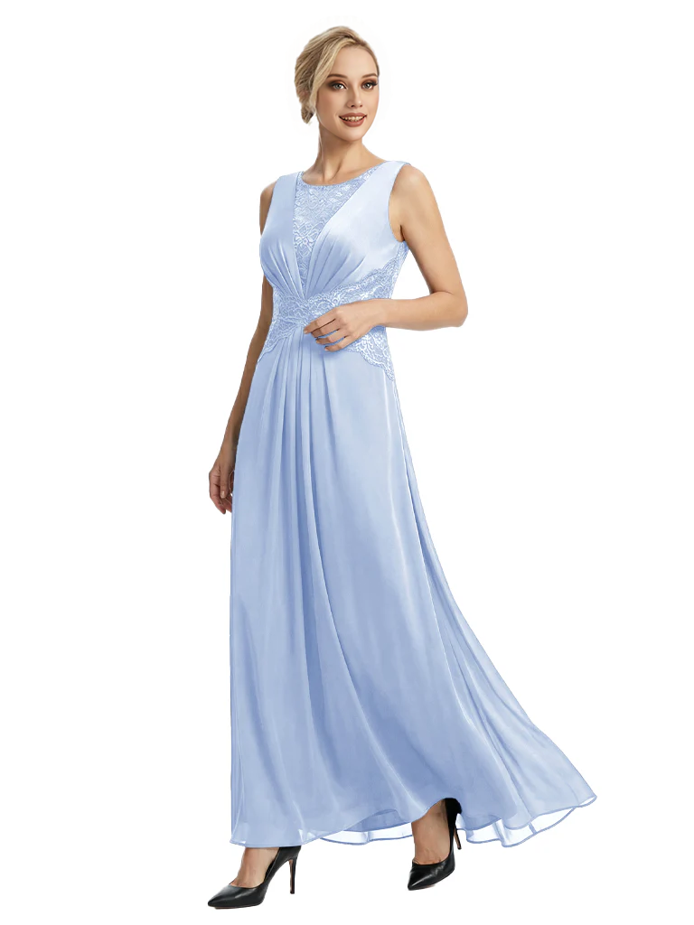 Mother of The Bride Dresses Scoop Sleeveless Lace Chiffon Maxi Gown Classy Ruched Formal Wedding Event Dress