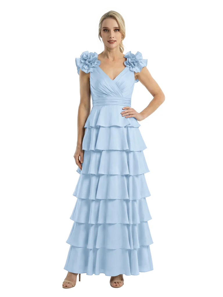 Mother of The Bride Dresses V-Neck Sleeveless Satin Tiered Maxi Gown Unique Flower Detailed Formal Wedding Event Attire