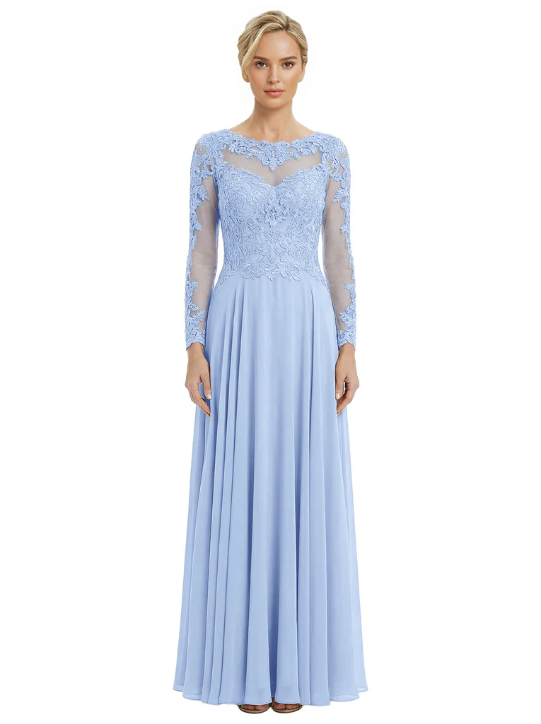 Mother of The Bride Dresses Scoop Long Sleeve Lace Chiffon Maxi Gown Pretty Embroidered Formal Wedding Event Attire