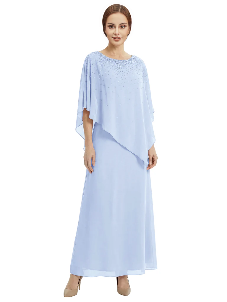 Classy Beaded Chiffon Overlay Poncho Style Mother of the Bride Gown