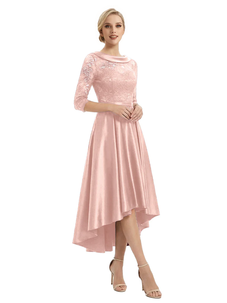 Elegant Boat Neck Satin Lace Mother Of The Bride Dresses High-Low A-Line Gowns