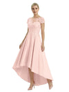 Elegant Mother of The Bride Dress Scoop Short Sleeve Lace Satin High-Low A-Line Gown