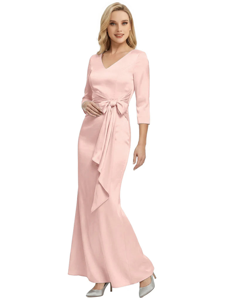 Mother of The Bride Dress Elegant V-Neck 3/4 Sleeve Satin Trumpet Maxi Gown