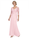 Mother of The Bride Gown V-Neck Half Sleeve Lace Chiffon Trumpet Maxi Dress Unique Sophisticated