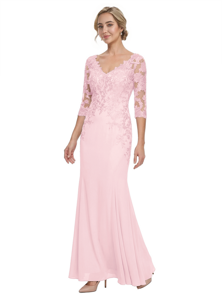 Mother of The Bride Gown V-Neck Half Sleeve Lace Chiffon Trumpet Maxi Dress Unique Sophisticated