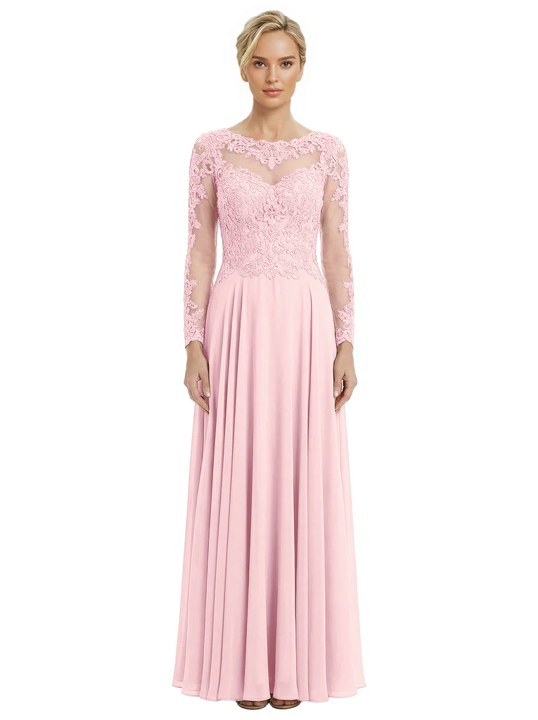 Mother of The Bride Dresses Scoop Long Sleeve Lace Chiffon Maxi Gown Pretty Embroidered Formal Wedding Event Attire