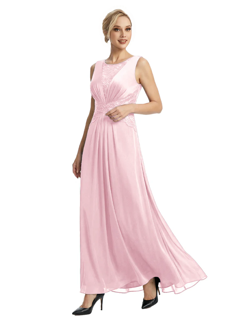 Mother of The Bride Dresses Scoop Sleeveless Lace Chiffon Maxi Gown Classy Ruched Formal Wedding Event Dress