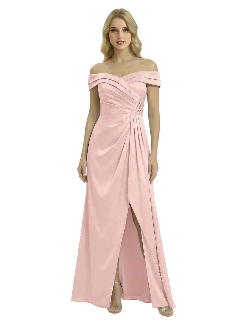 Off The Shoulder Mother Of The Groom Dresses Side Slit Satin Ruched A-Line  Gown
