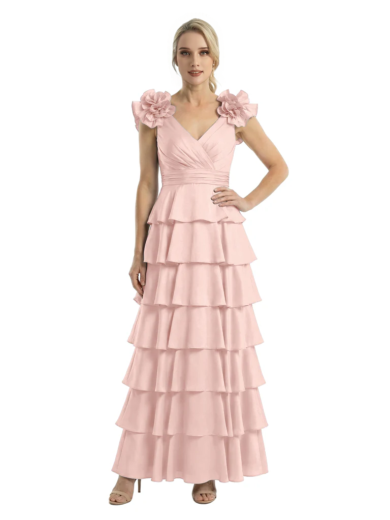 Mother of The Bride Dresses V-Neck Sleeveless Satin Tiered Maxi Gown Unique Flower Detailed Formal Wedding Event Attire